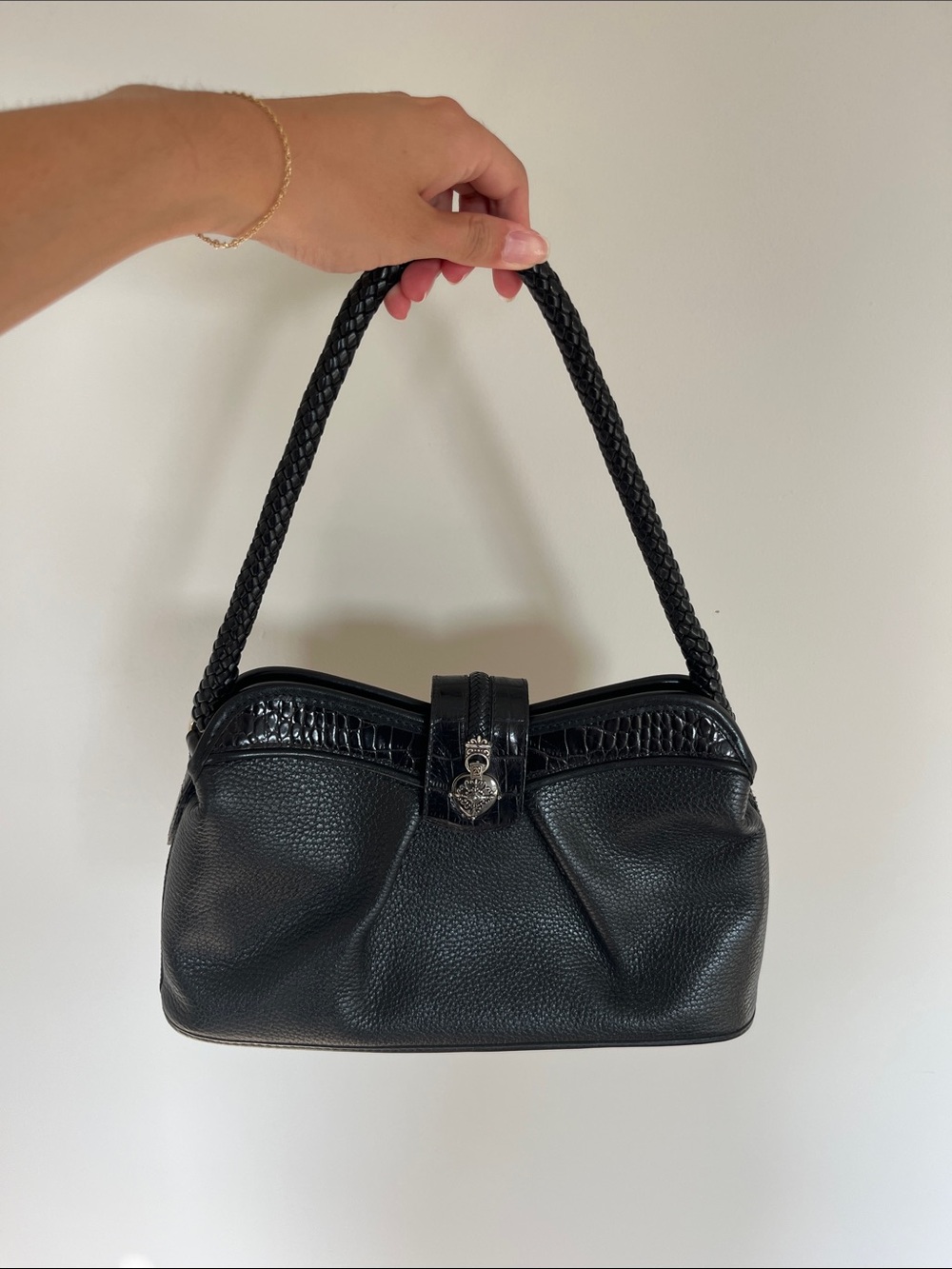 Brighton Black Pebbled Leather Shoulder Bag with Braided Handle